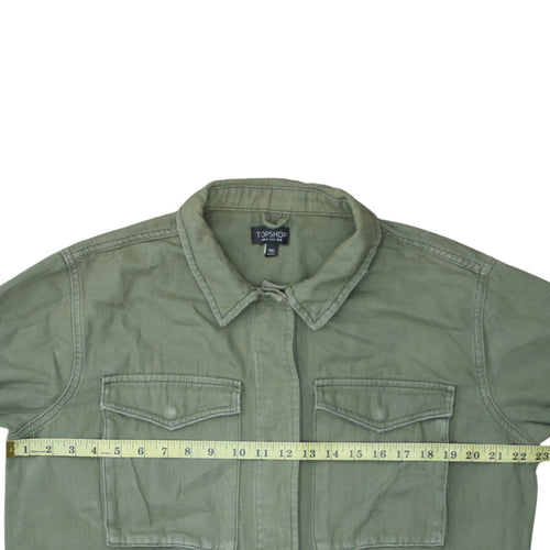 Topshop Women Green Cotton Button-Up Shirt UK 16 Military Style