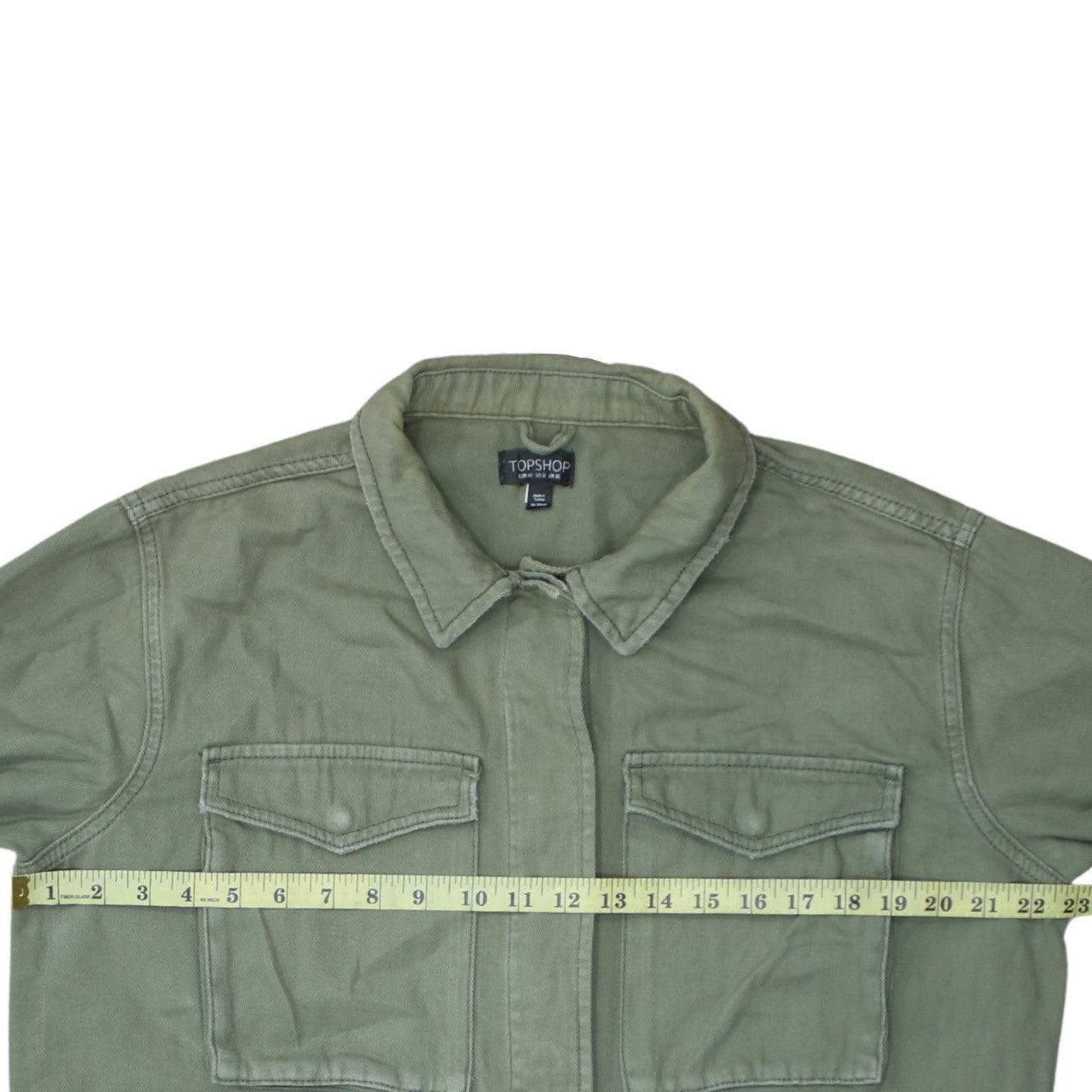 Topshop Women Green Cotton Button-Up Shirt UK 16 Military Style