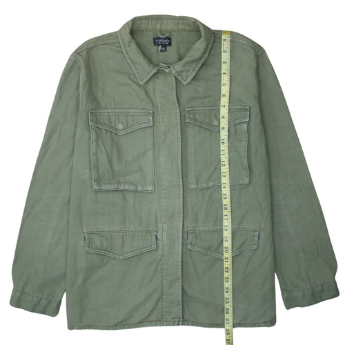 Topshop Women Green Cotton Button-Up Shirt UK 16 Military Style