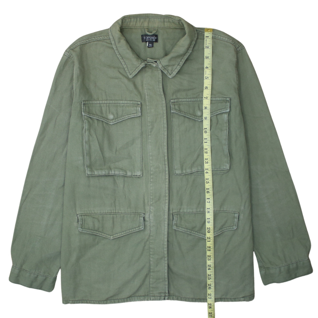 Topshop Women Green Cotton Button-Up Shirt UK 16 Military Style