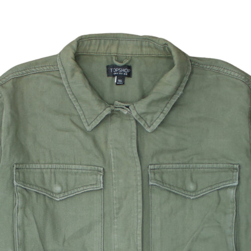 Topshop Women Green Cotton Button-Up Shirt UK 16 Military Style