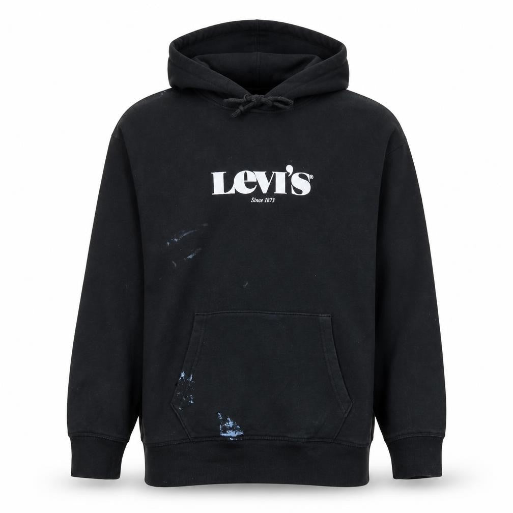 Front view of Levi's men’s black pullover hoodie l logo graphic cotton fleece