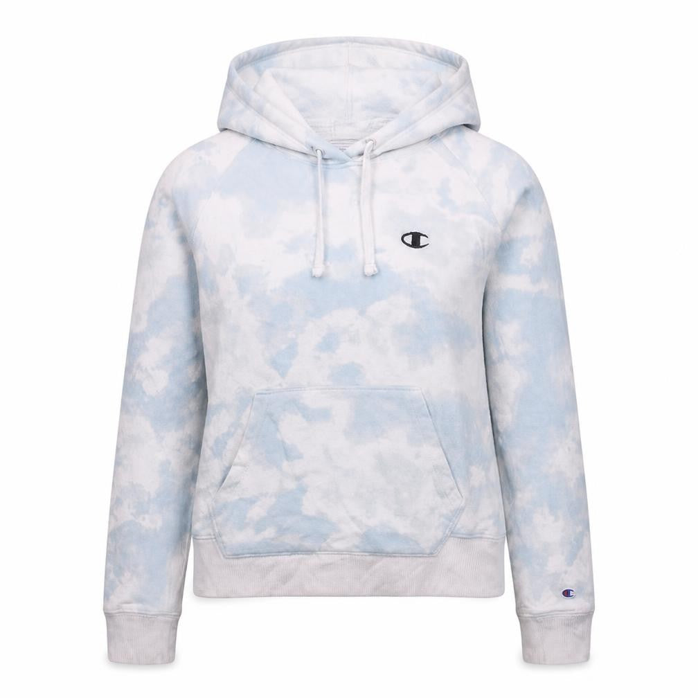 Front view of Champion women’s blue tie dye pullover hoodie, size S