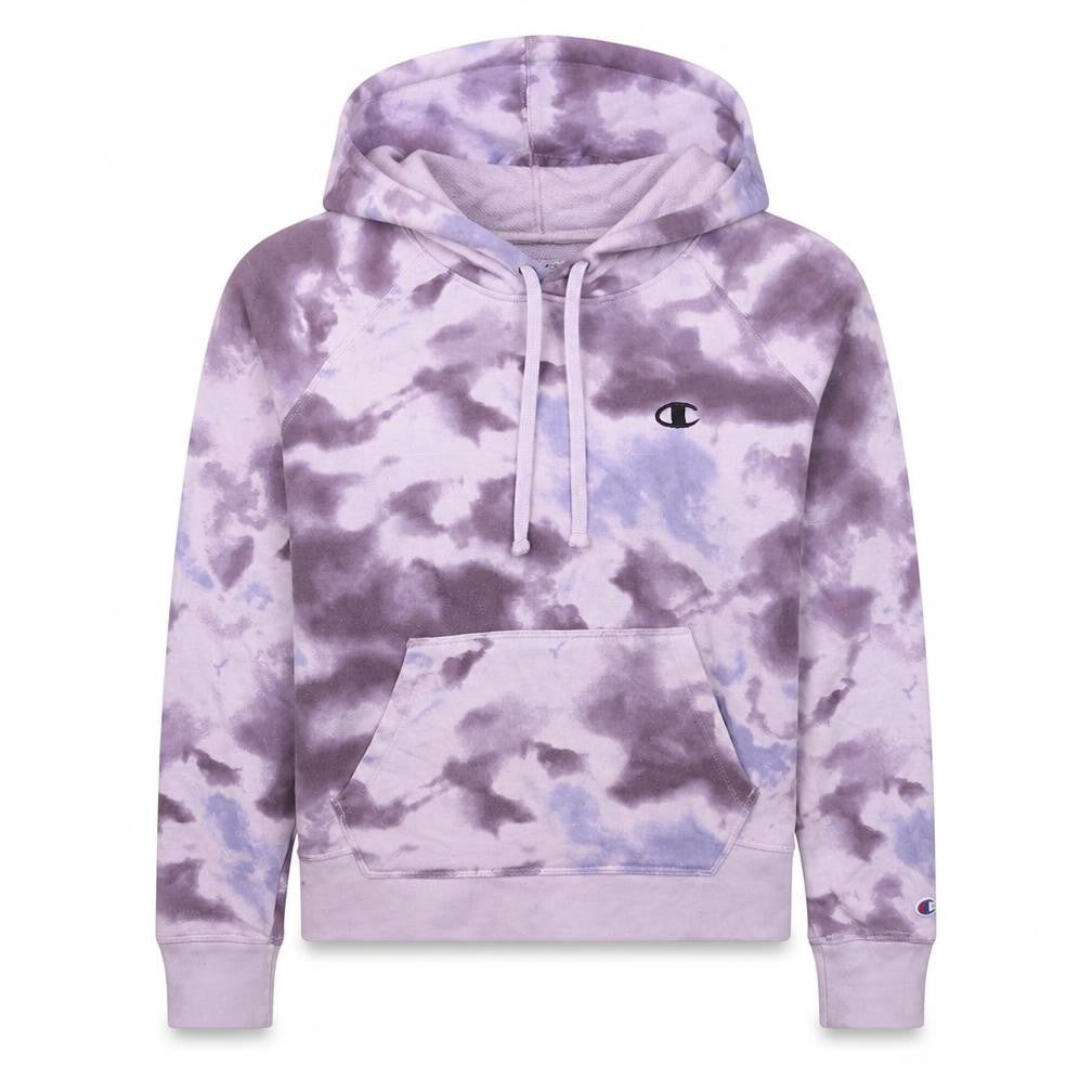 Front view of Champion women’s purple tie dye pullover hoodie medium