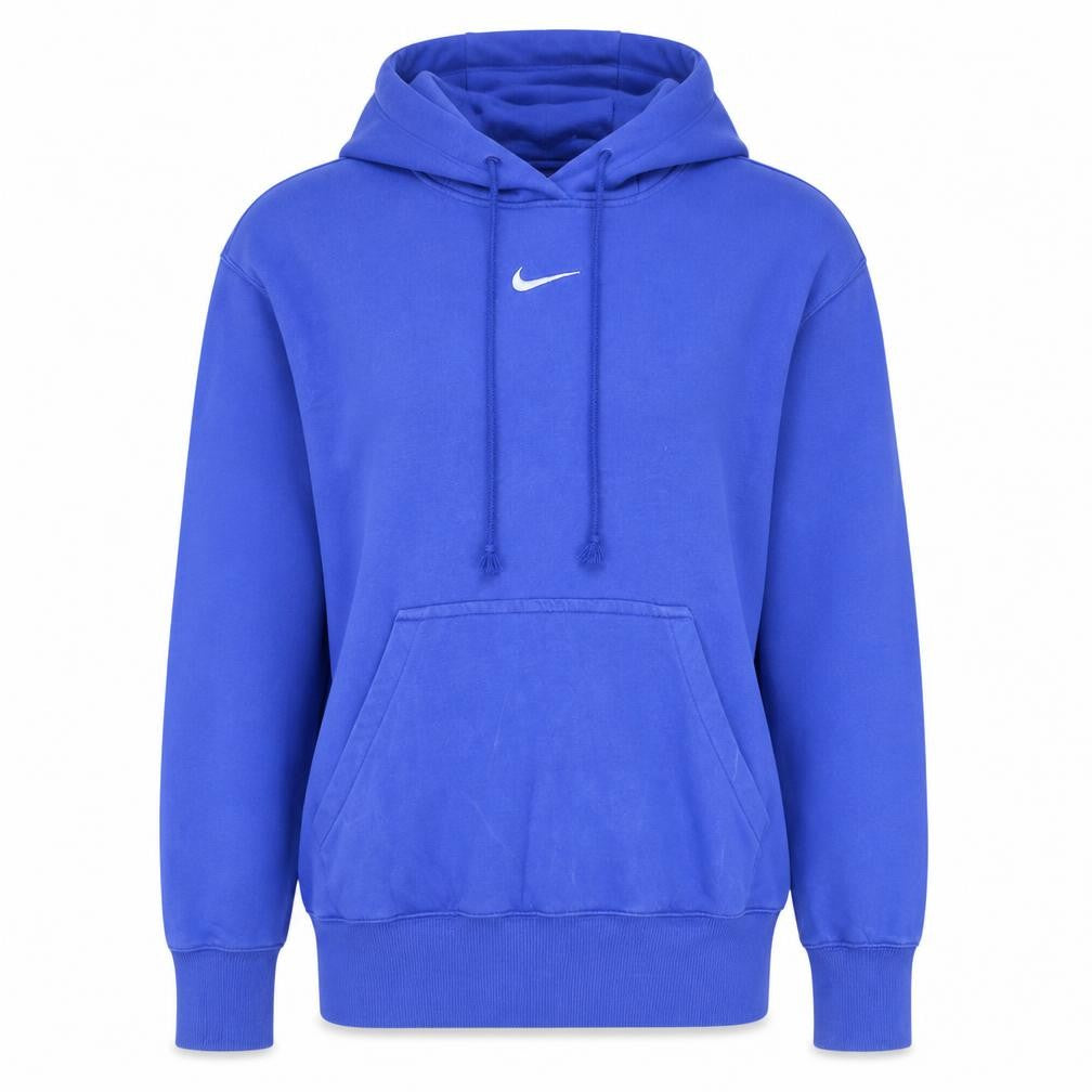 Front view of Nike women’s blue xs pullover hoodie cotton blend logo sweatshirt