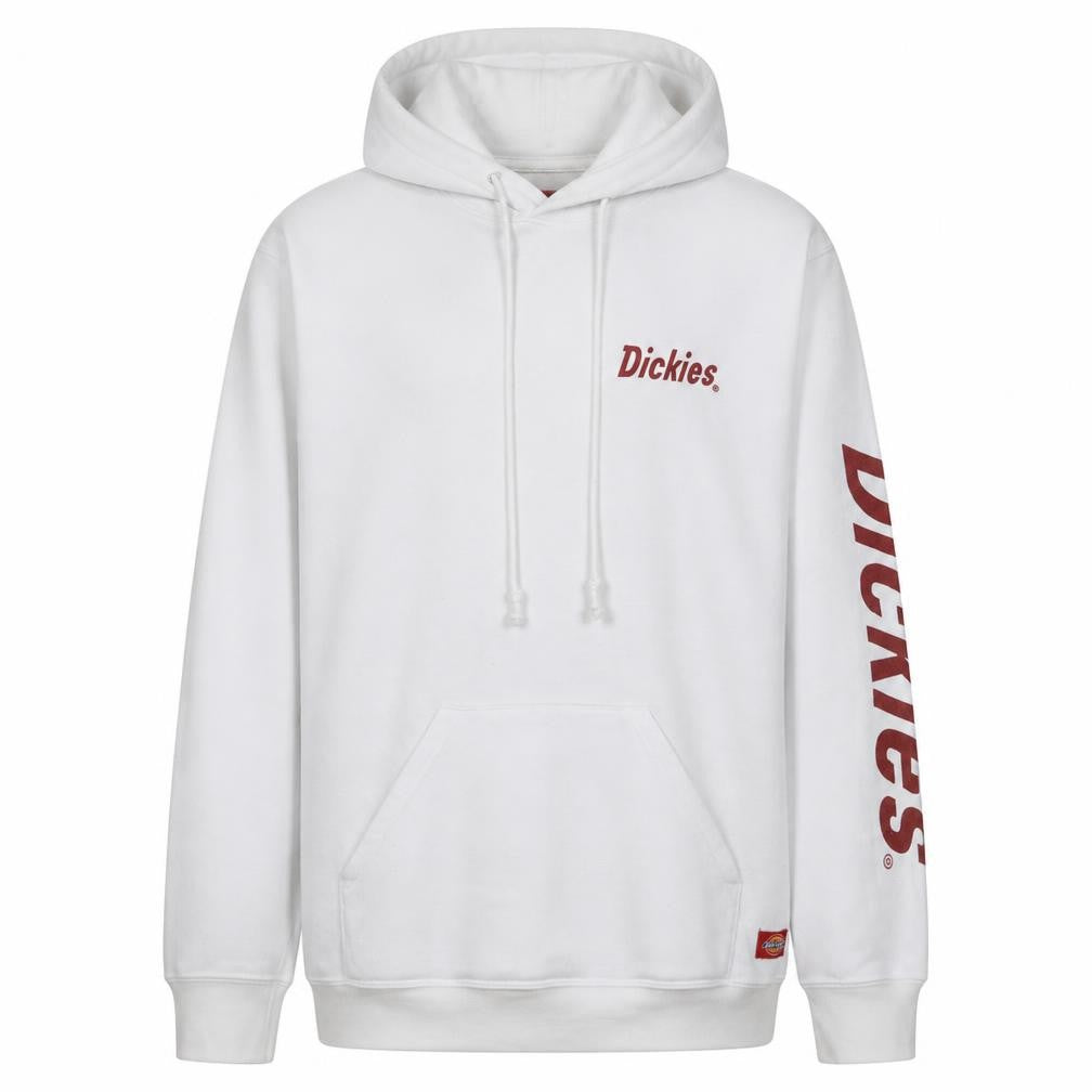 Front view of Dickies men’s white pullover hoodie l logo print fleece sweatshirt