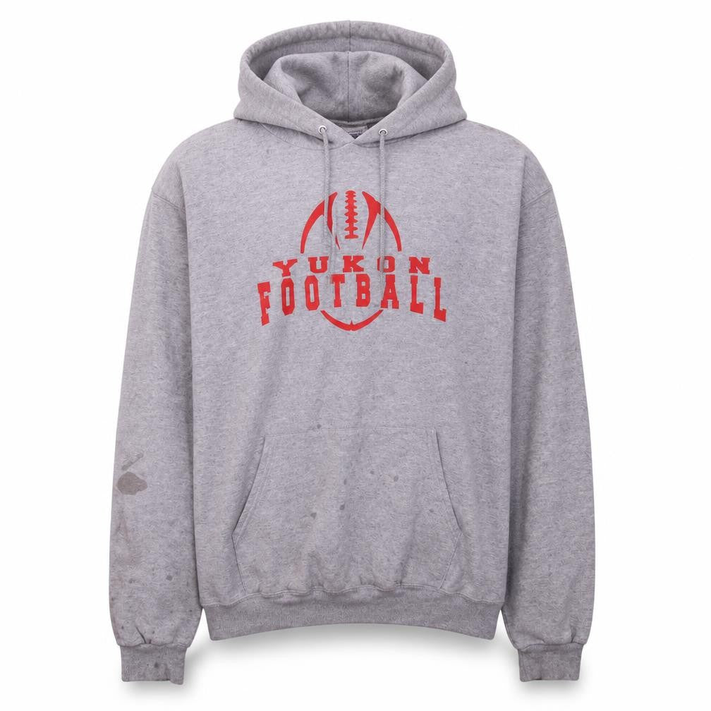 Front view of Champion Men’s Grey Yukon Football Pullover Hoodie, size L