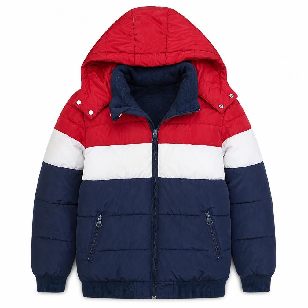 Front view of Levi’s boys’ multicoloured hooded puffer jacket, size 14, years winter coat