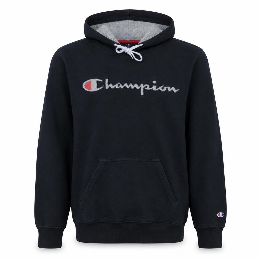 Front view of Champion Men’s Black Pullover Hoodie Small Embroidered Logo Fleece