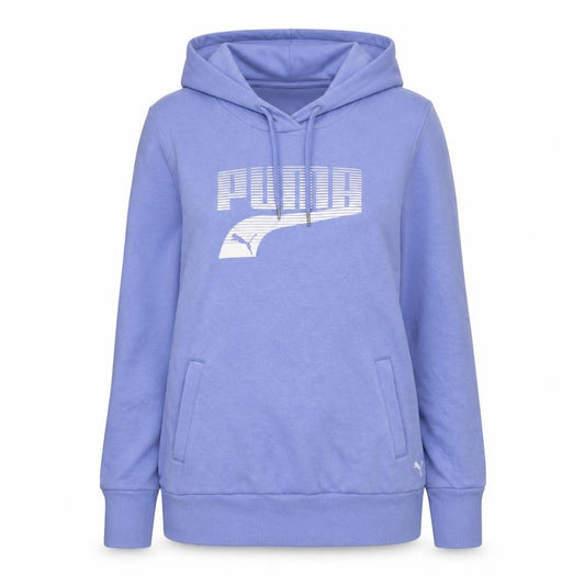 Front view of Puma women’s blue pullover hoodie, size UK 12, cotton blend logo sweatshirt