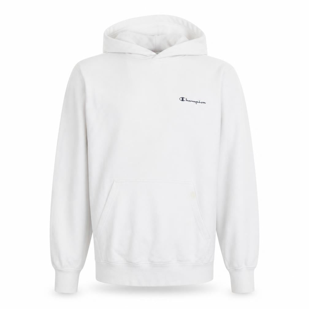 Front view of Champion Men's White Pullover Hoodie, size L, Logo Fleece Sweatshirt