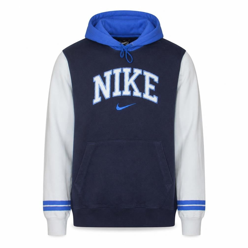 Front view of Nike Men's Blue Pullover Hoodie Small Cotton Logo Design