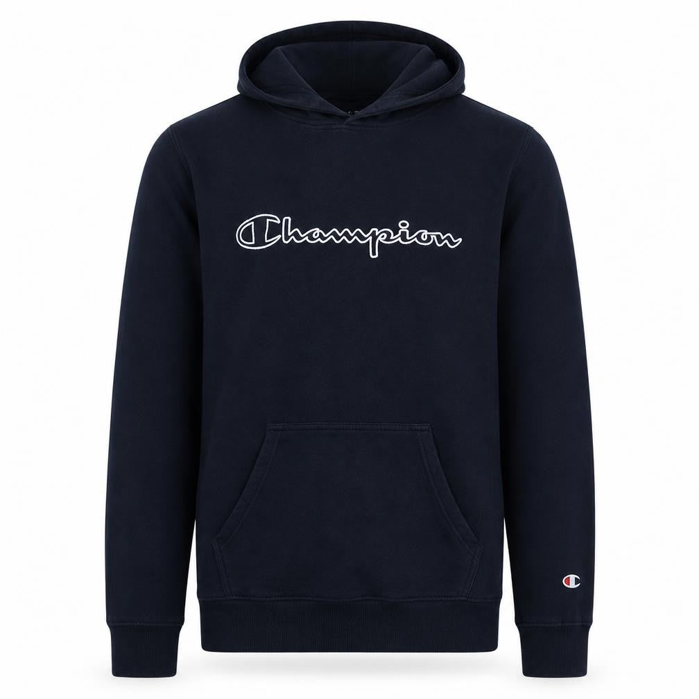 Front view of Champion Men's Blue Pullover Hoodie Medium Logo Print Fleece