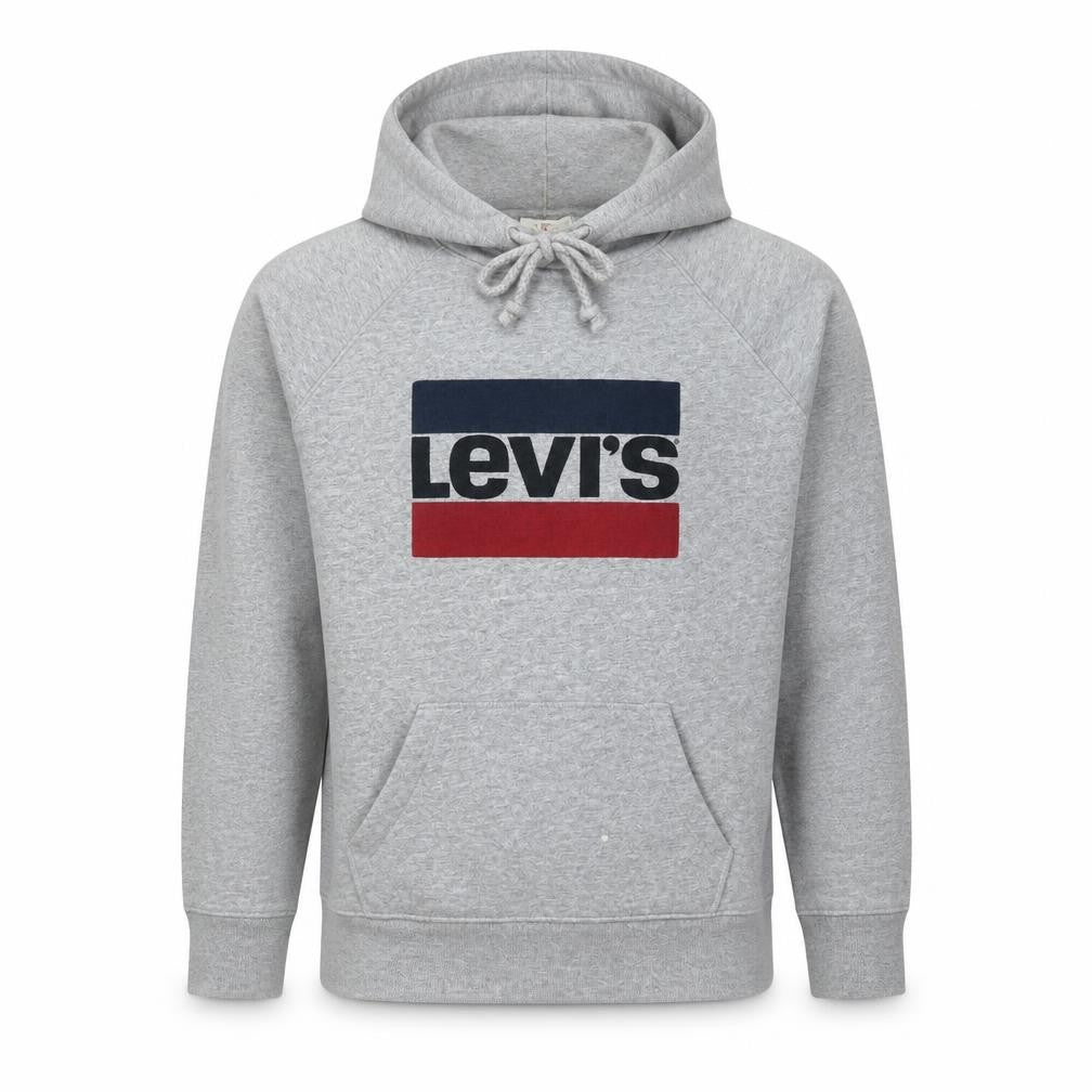 Front view of Levi's Men's Grey Pullover Hoodie Medium Logo Fleece Jumper