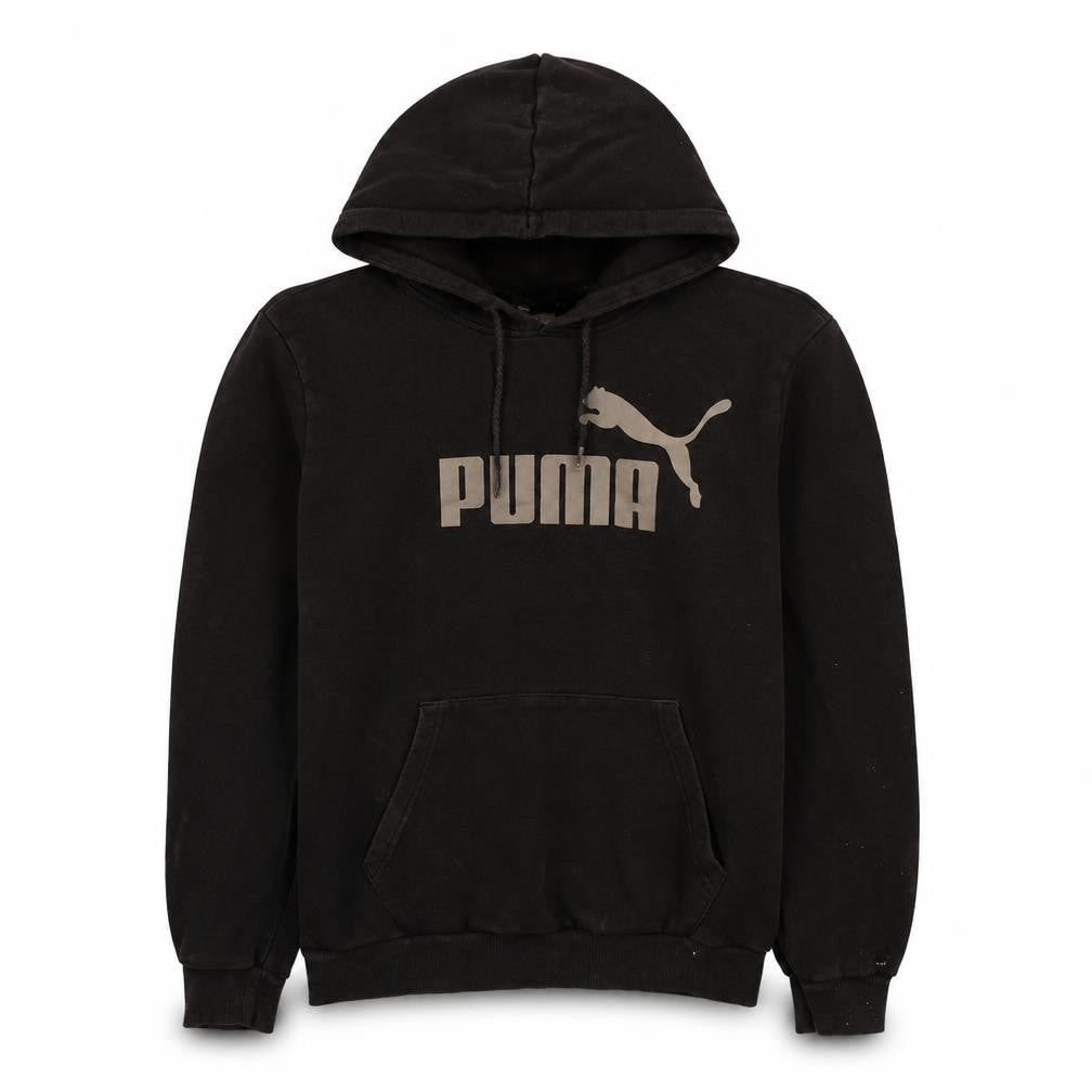 Front view of Puma Men's Black Pullover Hoodie, size S, Graphic Logo Sportswear
