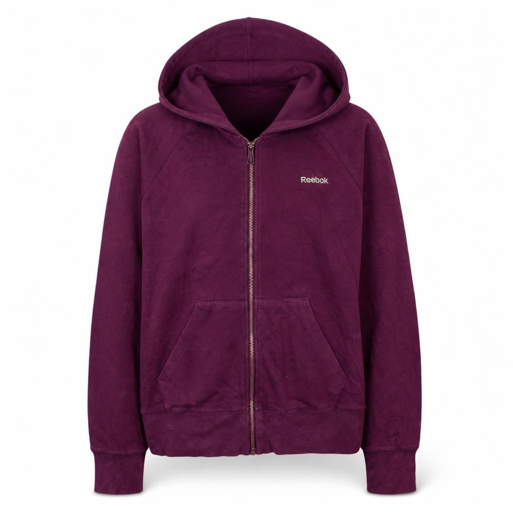 Front view of Reebok women’s purple full zip hoodie medium cotton blend