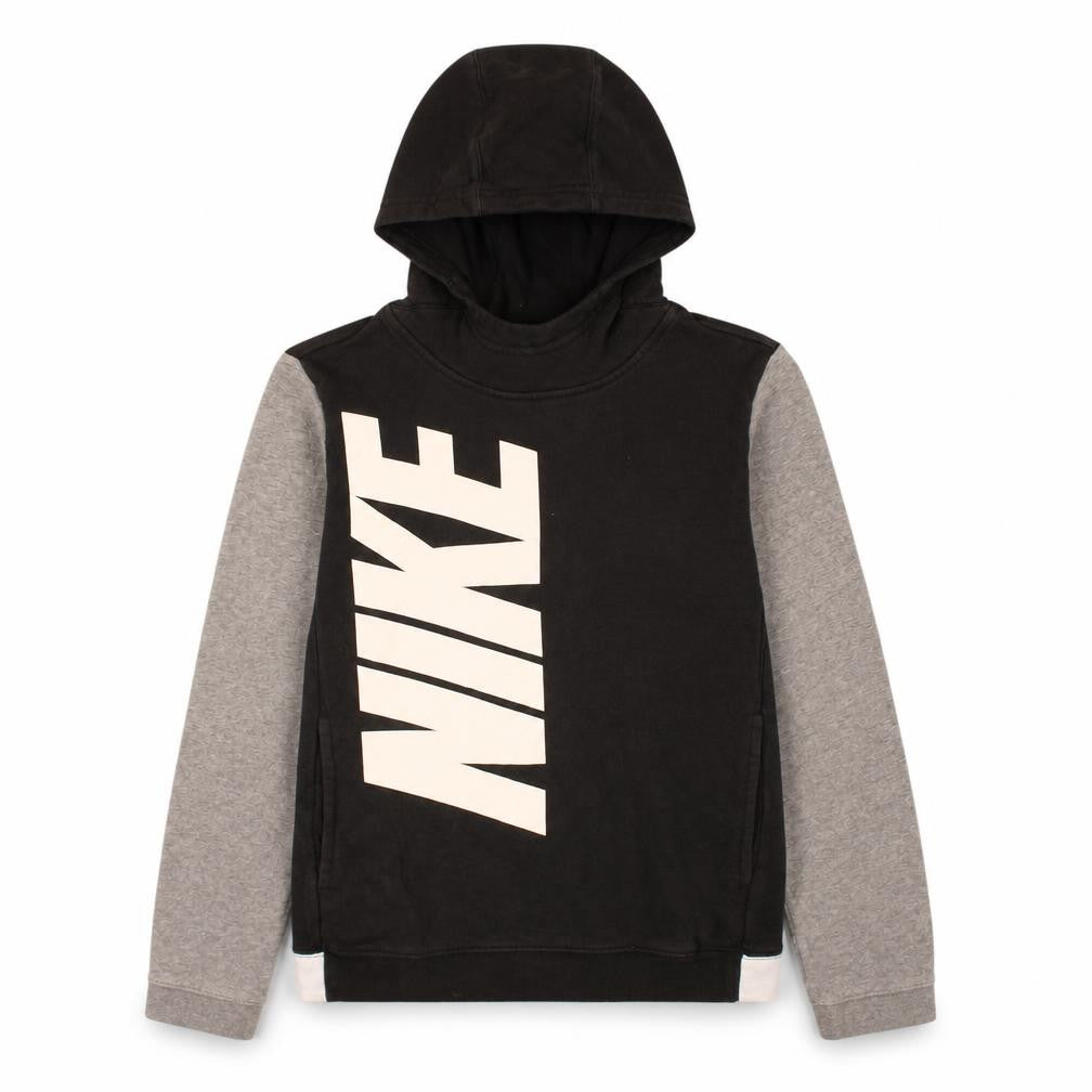 Front view of Nike boys’ black & grey pullover hoodie, size L, graphic logo fleece