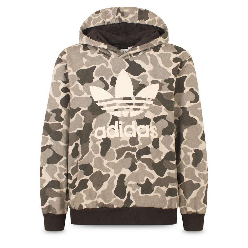 Front view of Adidas Teens Grey Camo Pullover Hoodie L 13-14Y Cotton Blend