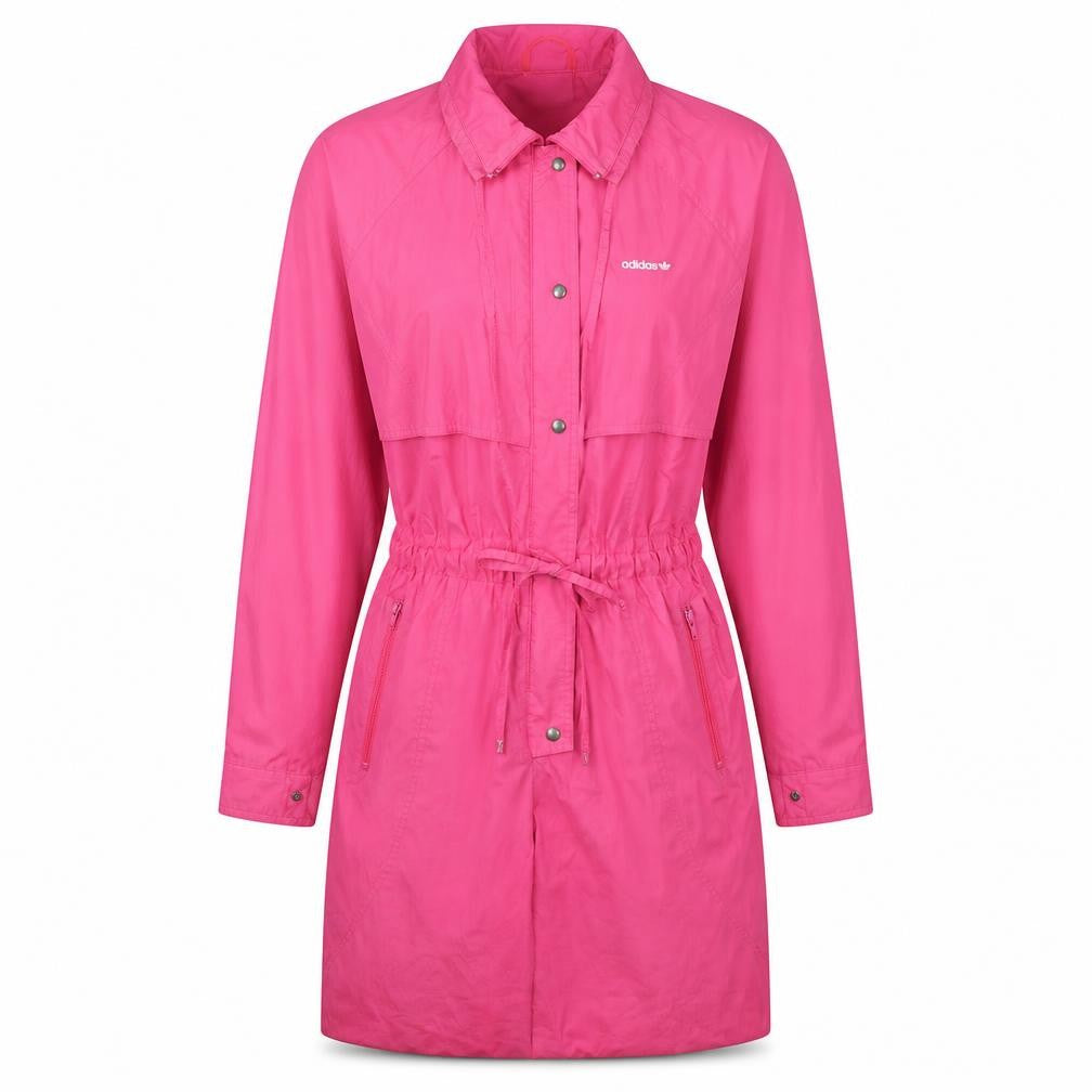 Front view of Adidas Women's Pink Long Rain Coat, size 10, Lightweight Retro