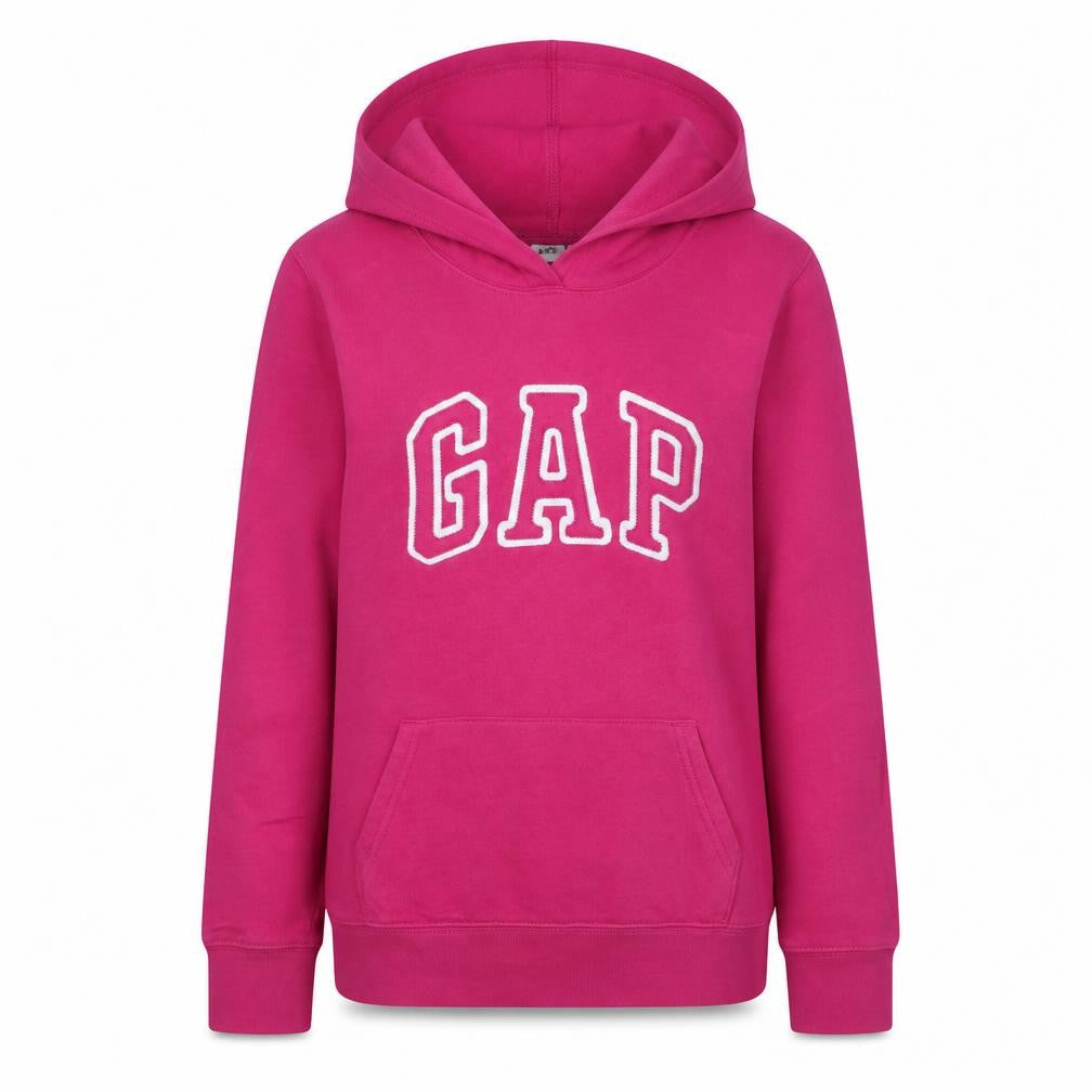 Front view of Gap women’s pink pullover hoodie small cotton logo casual