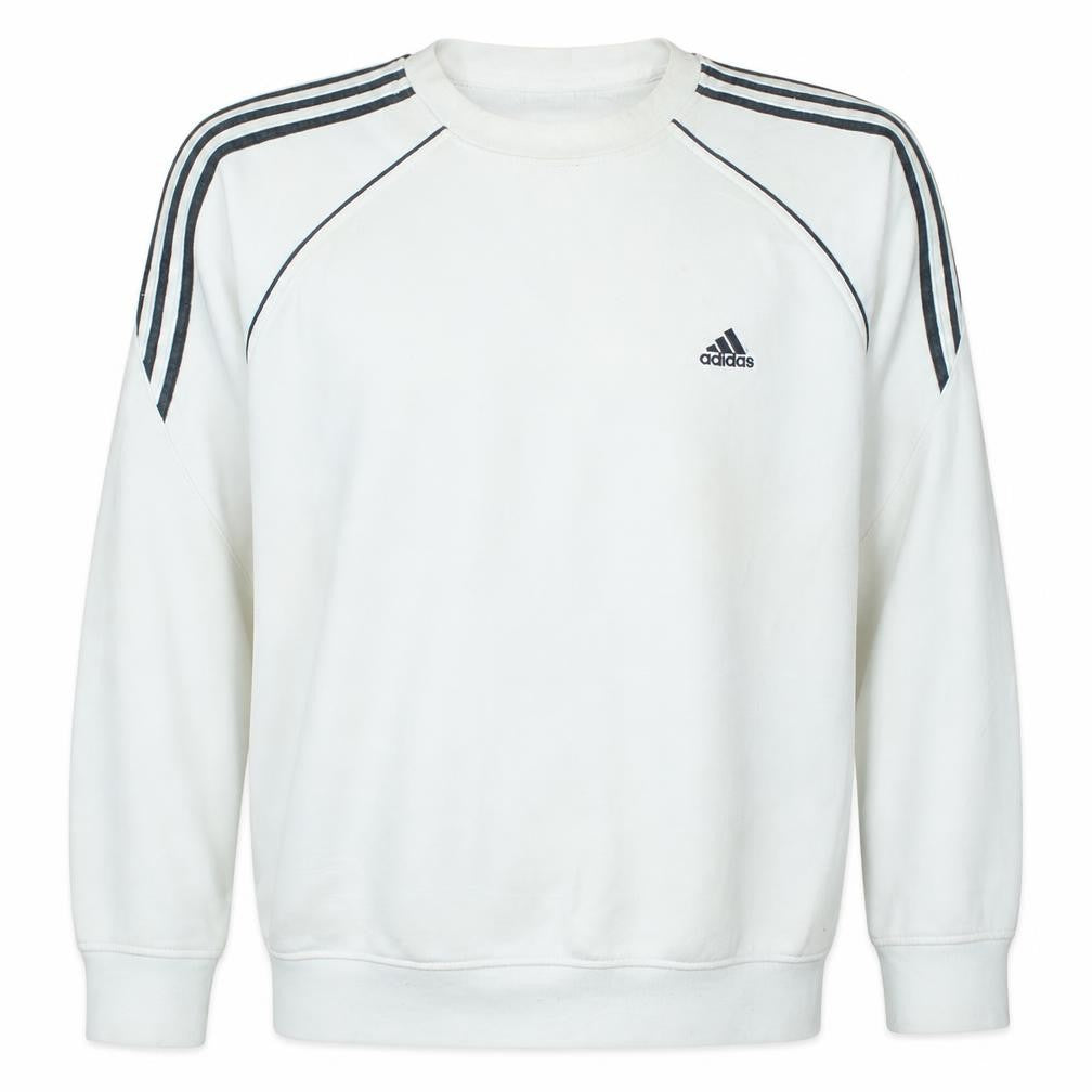 Front view of Adidas Men's White Crew Neck Logo Pullover Sweatshirt, size L