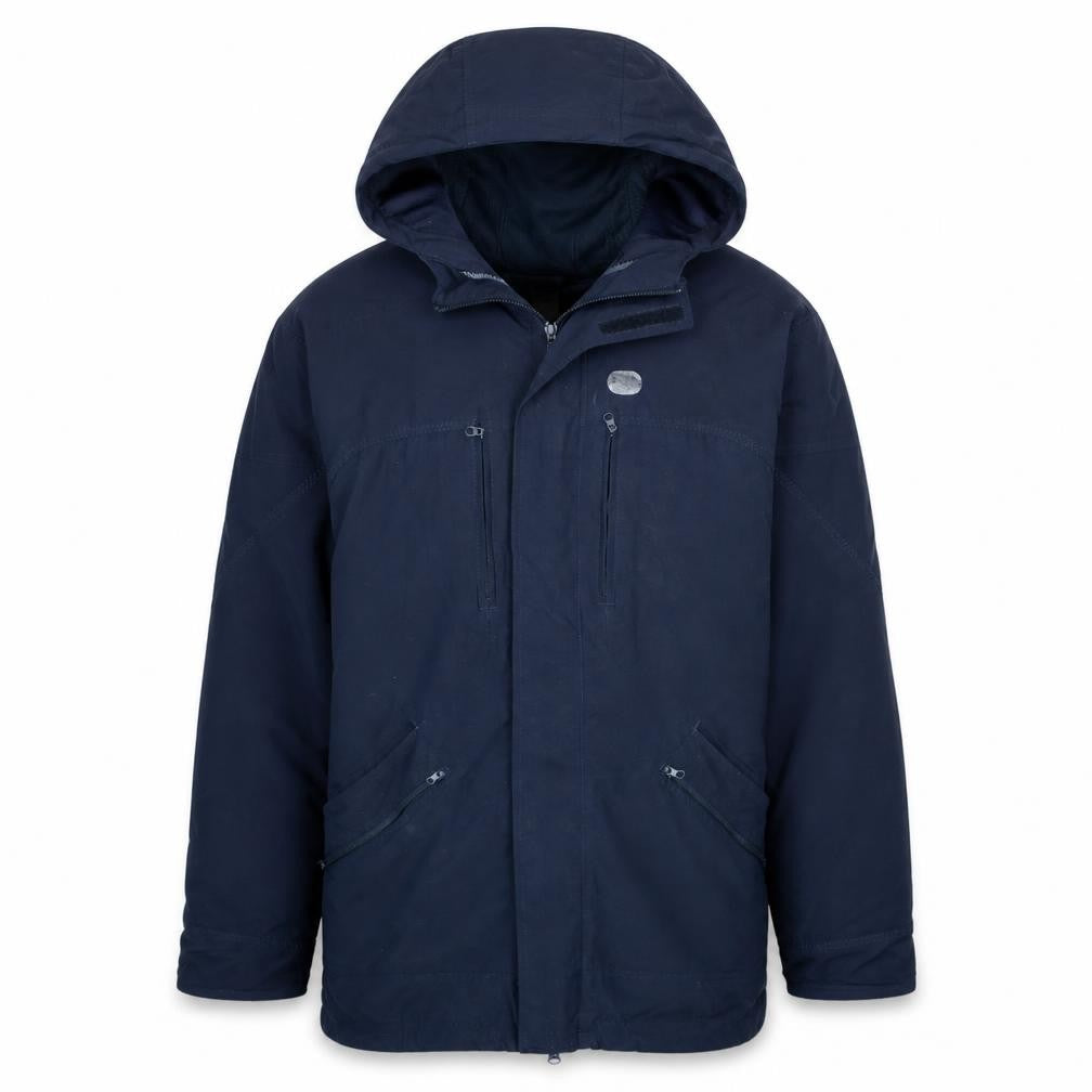 Front view of Nike Men's Blue Hooded Parka Jacket, size M, Regular Fit Zip Pockets