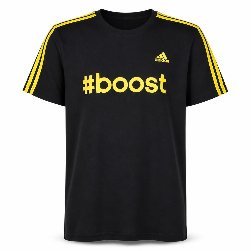 Front view of Adidas Men's Black #Boost Sports T-Shirt, size S