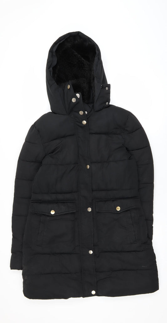 Warehouse Women’s Black Long Puffer Coat Size 12 Hooded Winter Jacket