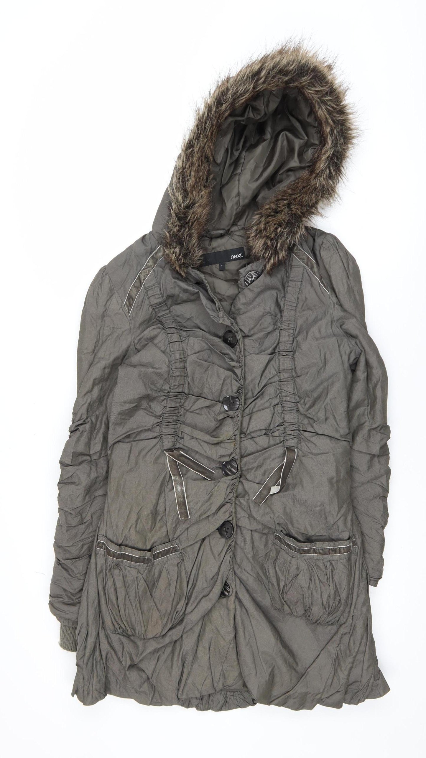 Next Womens Green Fur Hooded Parka Coat Size 8