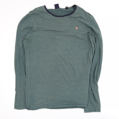 Scotch & Soda Men's Green Striped Long Sleeve Crew Neck Cotton T-Shirt XXL