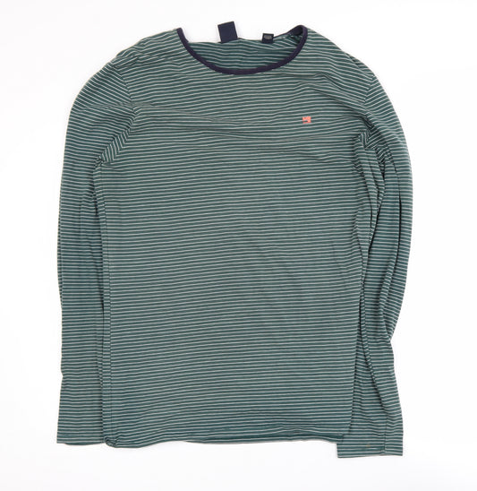 Scotch & Soda Men's Green Striped Long Sleeve Crew Neck Cotton T-Shirt XXL