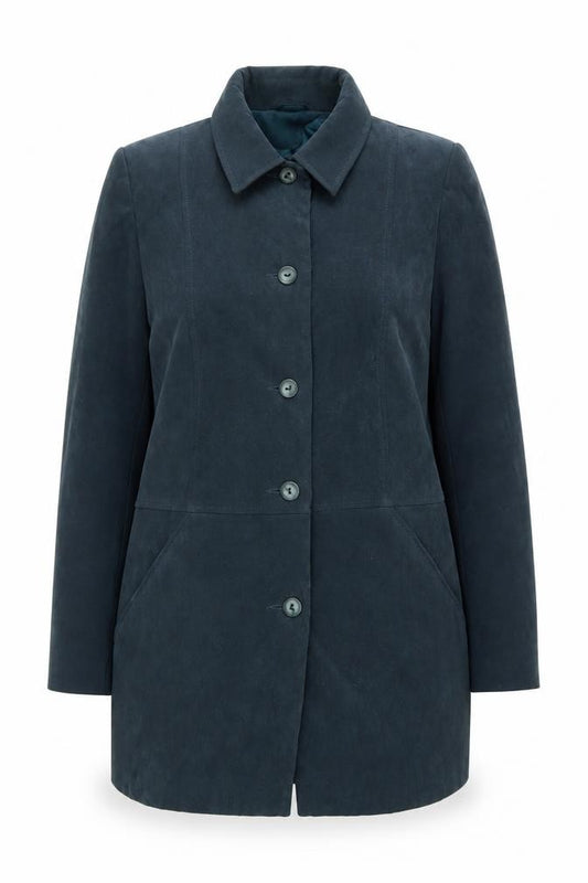 Front view of Style by EWM Women’s Blue Mid-Length Button Coat, size UK 14