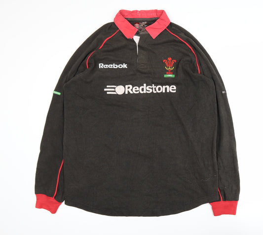 Reebok Men’s Black Rugby Polo Shirt L WRU Redstone Long Sleeve