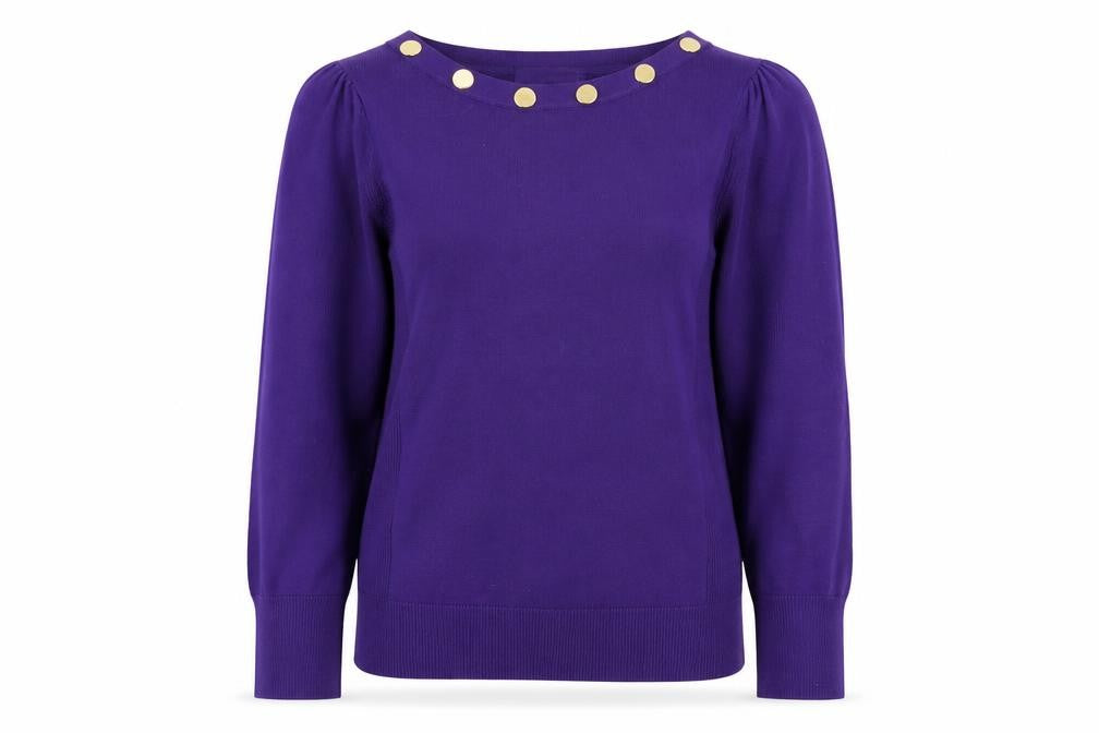 Front view of Wallis Women Purple Petite S Button Boat Neck Jumper