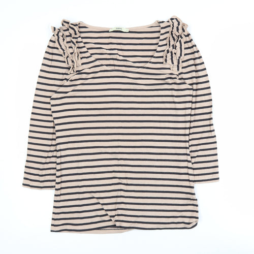 Oasis Women Beige Striped 3/4 Sleeve Ruffle Jersey Top M