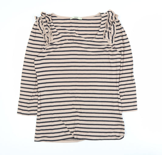 Oasis Women Beige Striped 3/4 Sleeve Ruffle Jersey Top M