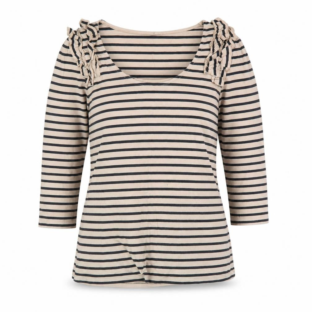Oasis Women Beige Striped 3/4 Sleeve Ruffle Jersey Top M