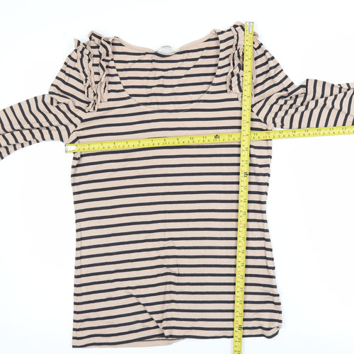 Oasis Women Beige Striped 3/4 Sleeve Ruffle Jersey Top M