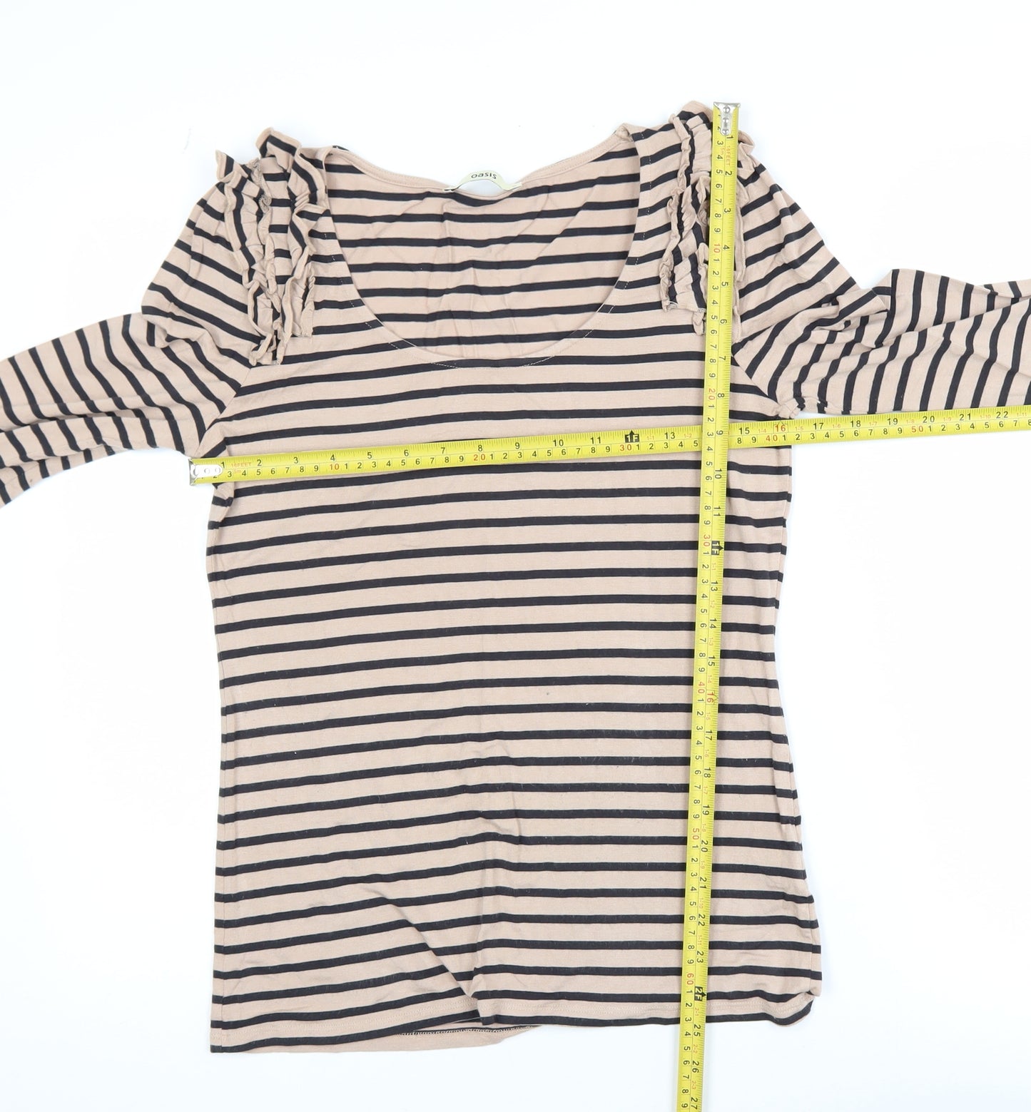 Oasis Women Beige Striped 3/4 Sleeve Ruffle Jersey Top M