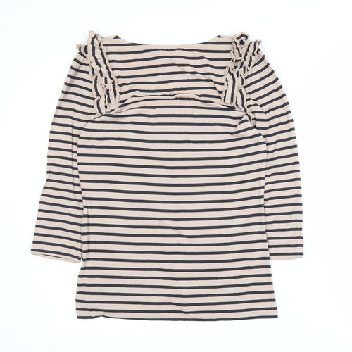 Oasis Women Beige Striped 3/4 Sleeve Ruffle Jersey Top M