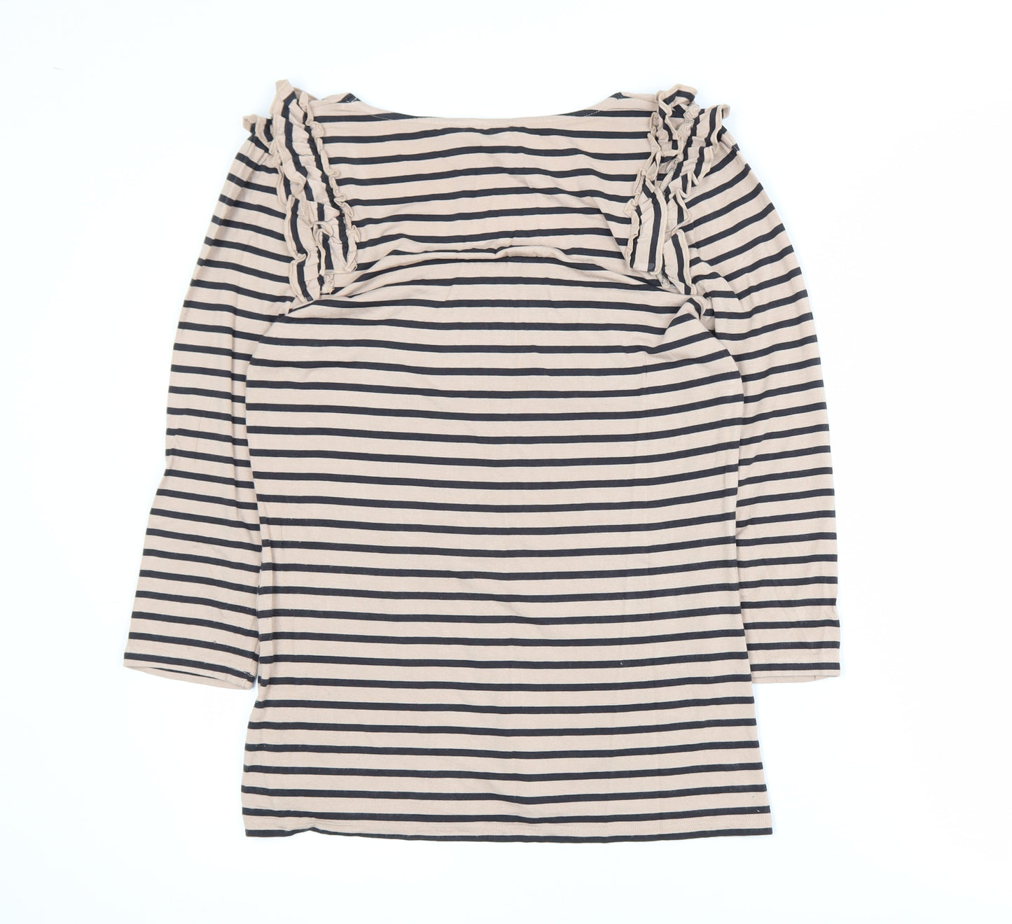 Oasis Women Beige Striped 3/4 Sleeve Ruffle Jersey Top M