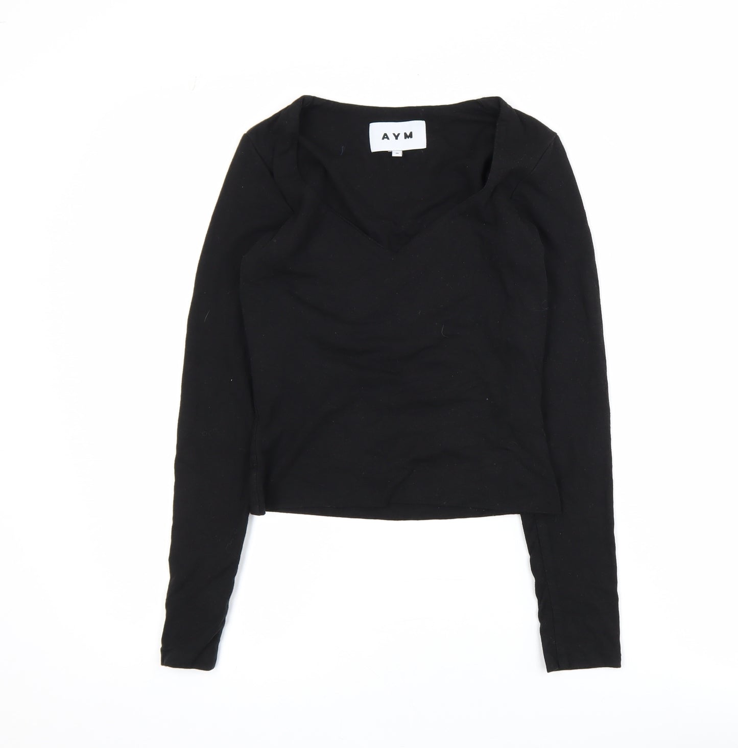 AYM Womens Black Bamboo Blend V-Neck Long Sleeve Cropped Top M