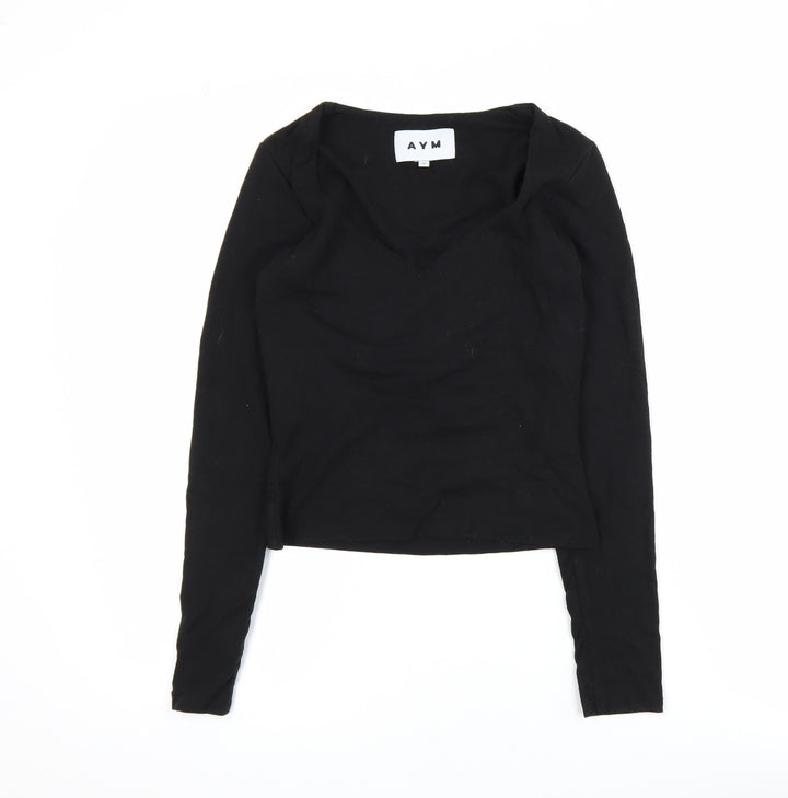 AYM Womens Black Bamboo Blend V-Neck Long Sleeve Cropped Top M