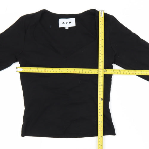 AYM Womens Black Bamboo Blend V-Neck Long Sleeve Cropped Top M