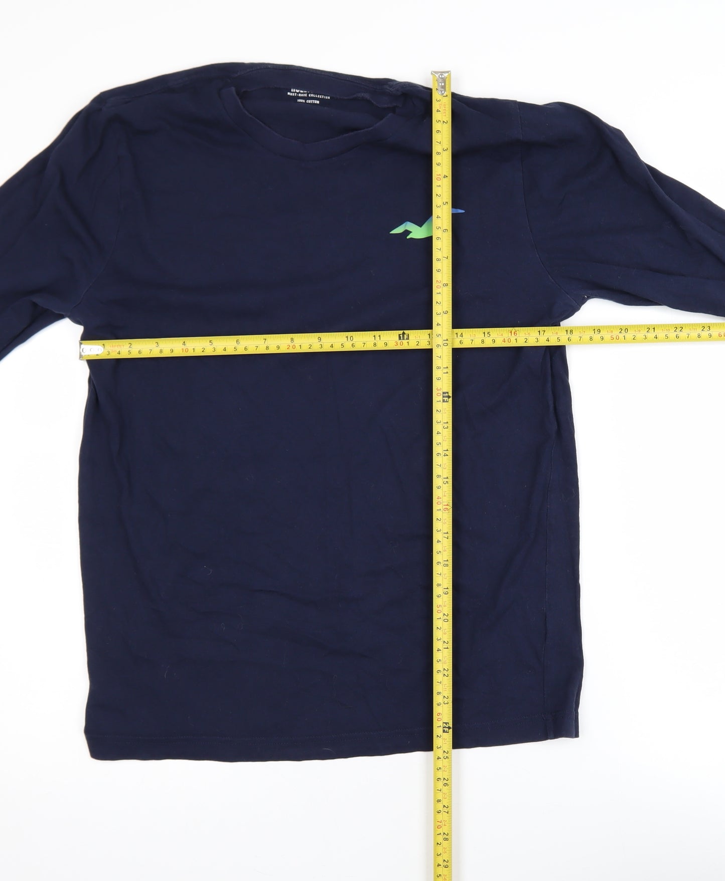 Hollister Men's Navy Long Sleeve Crew Neck Cotton T-Shirt M