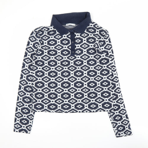 Zara Womens Blue Geometric Knit Polo Long Sleeve Top L