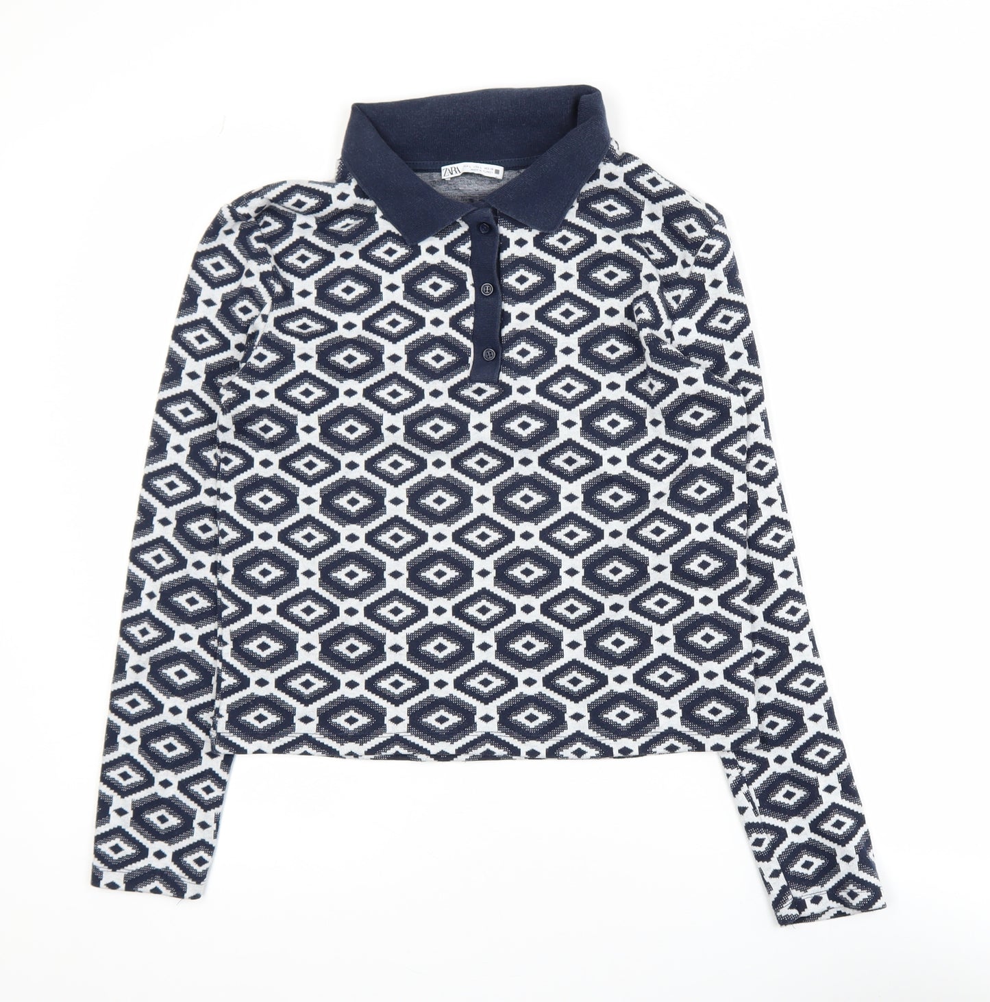 Zara Womens Blue Geometric Knit Polo Long Sleeve Top L