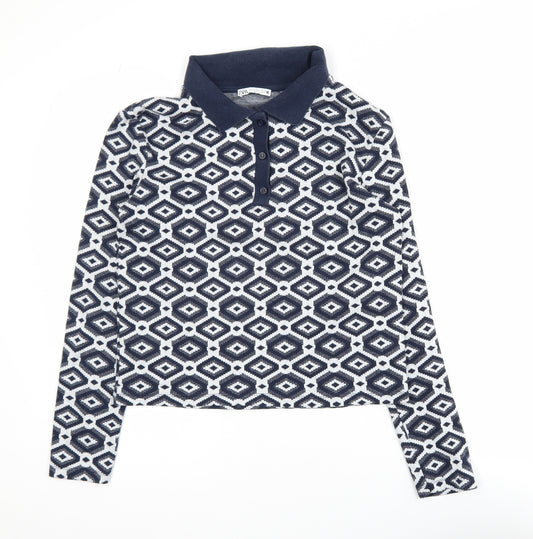 Zara Womens Blue Geometric Knit Polo Long Sleeve Top L