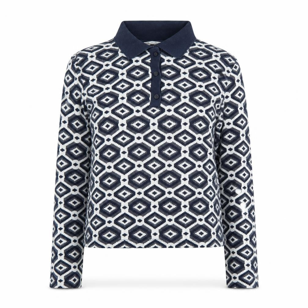 Zara Womens Blue Geometric Knit Polo Long Sleeve Top L