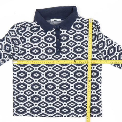 Zara Womens Blue Geometric Knit Polo Long Sleeve Top L